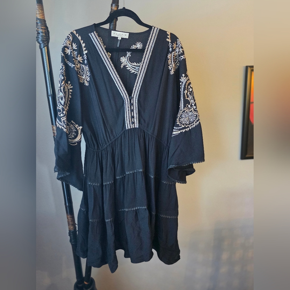Hale Bob Black Dress with White Embroidery Worn ONCE to Wedding
